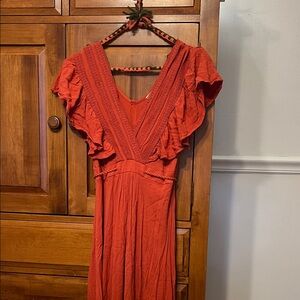 Baltic Born Rust Midi Dress with Ruffled Sleeves